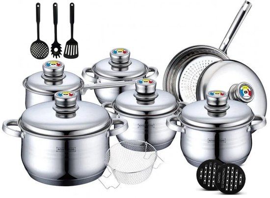 18 pcs pot set, cookware set, silver, thermo-knob, stainless steel, glass lids, Royalty Line 1802