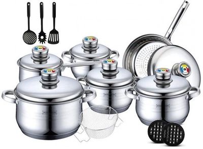 18 pcs pot set, cookware set, silver, thermo-knob, stainless steel, glass lids, Royalty Line 1802