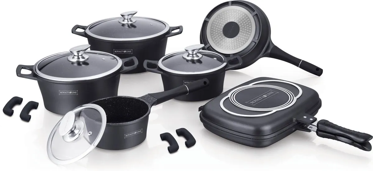 Royalty Line RL-ES1015M 15-Piece Marble-Coated Cookware Set with Double Grill Pan &amp; Removable Click Handles – Black
