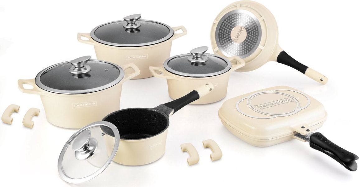 Royalty Line 15-Piece Marble-Coated Cookware Set with Double Grill Pan &amp; Click Handle – Cream Beige