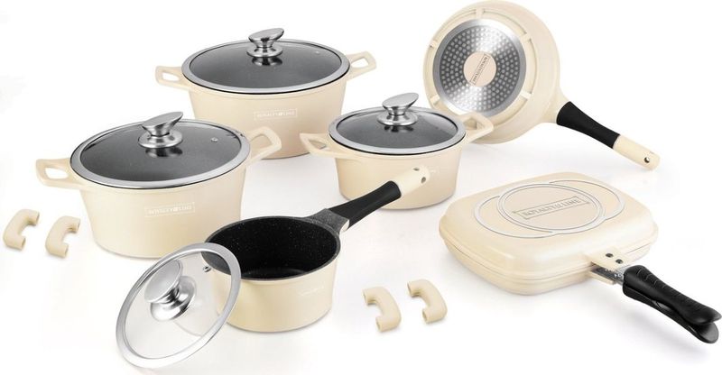 Royalty Line 15-Piece Marble-Coated Cookware Set with Double Grill Pan &amp; Click Handle – Cream Beige