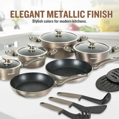 Herzberg HG-METCR15 15-Piece Marble Coated Cookware Set - Carbon Black