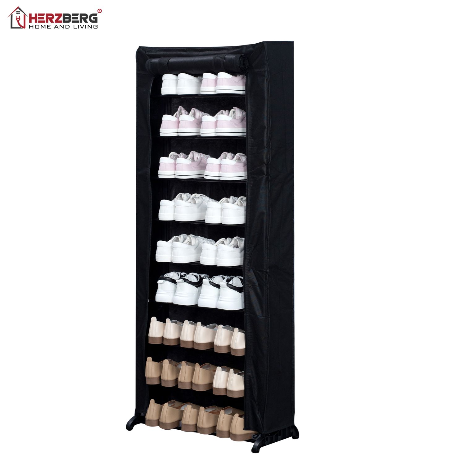 Herzberg HG-8076 9-Tier Shoe Rack BLACK - Covered, 27 Pairs Capacity