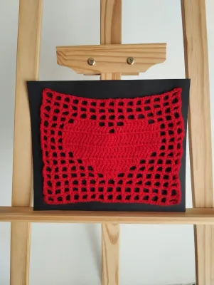Heart – Red Filet Crochet Wall Art 15x15cm