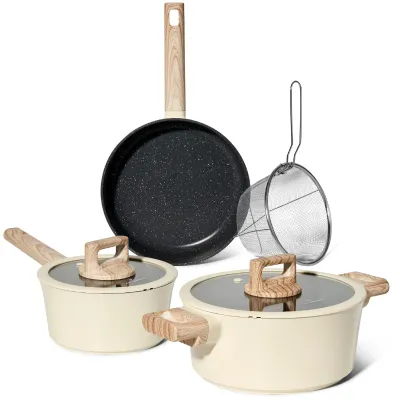 Just Perfecto JL-331 : 6-Piece Marble Coated Cookware Set with Rubber Rim Glass Lids, Beige