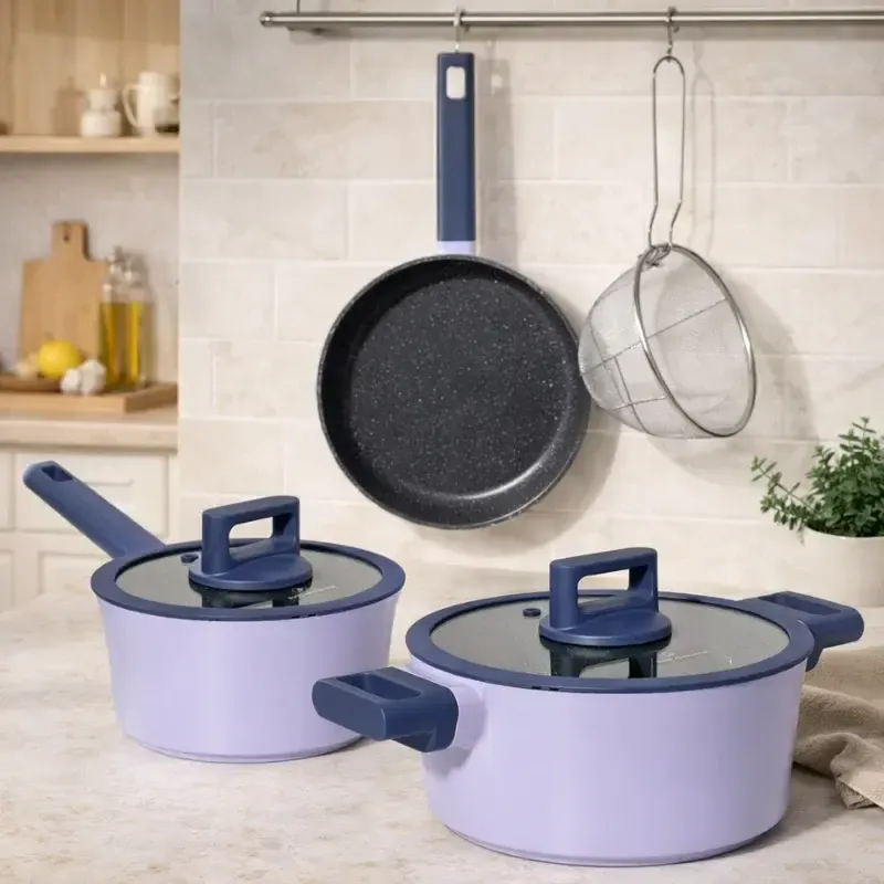 Just Perfecto JL-330 6-Piece Marble Coated Cookware Set with Gasket Rim Lids - Blue