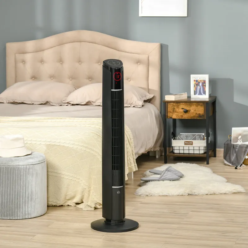 Tower Fan 3 Speeds, 4 Modes, 12H Timer, Remote Control – Black Tower Fan 3 Speeds, 4 Modes, 12H Timer, Remote Control – Black