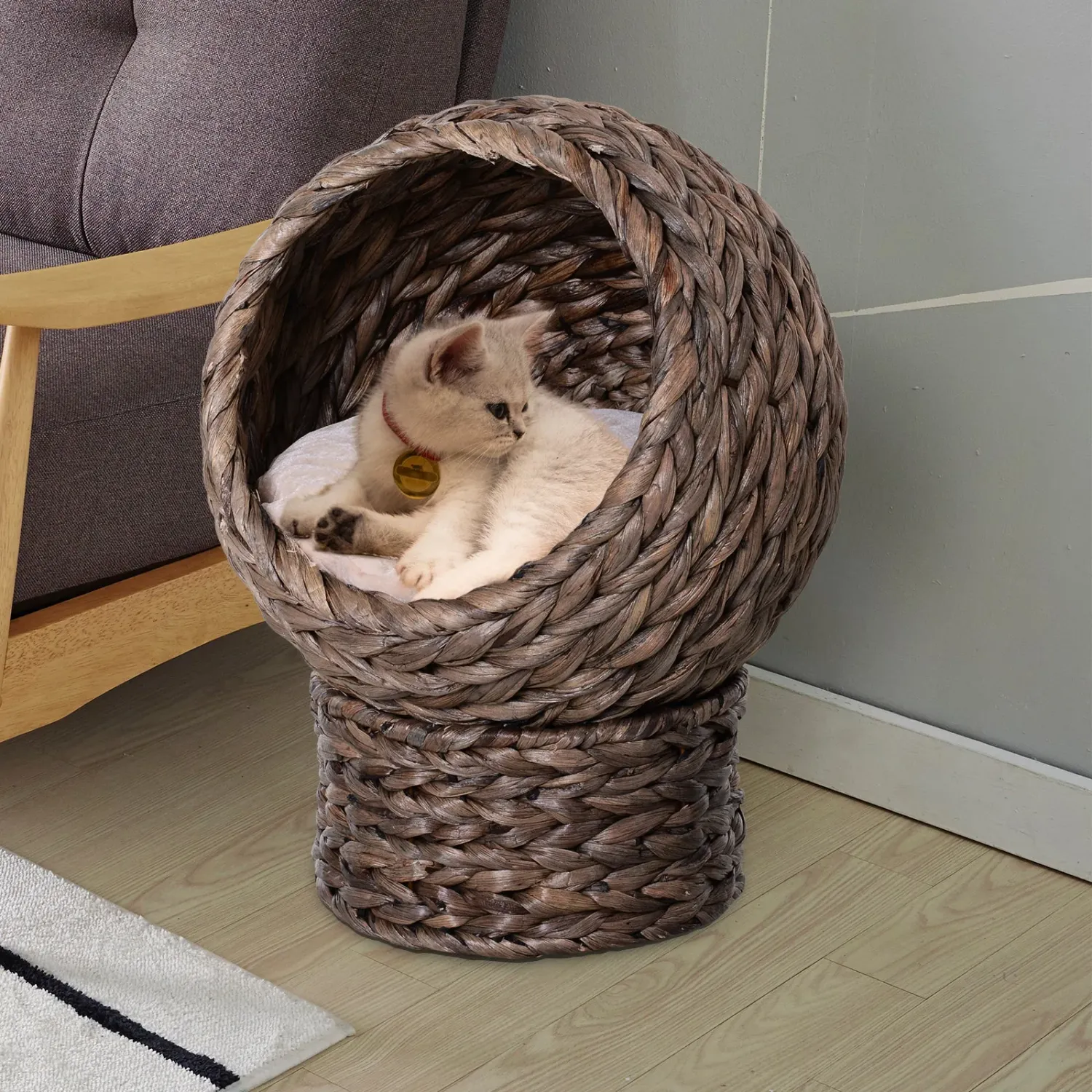 Raised Cat Bed Banana Leaf House with Cushion – Beige