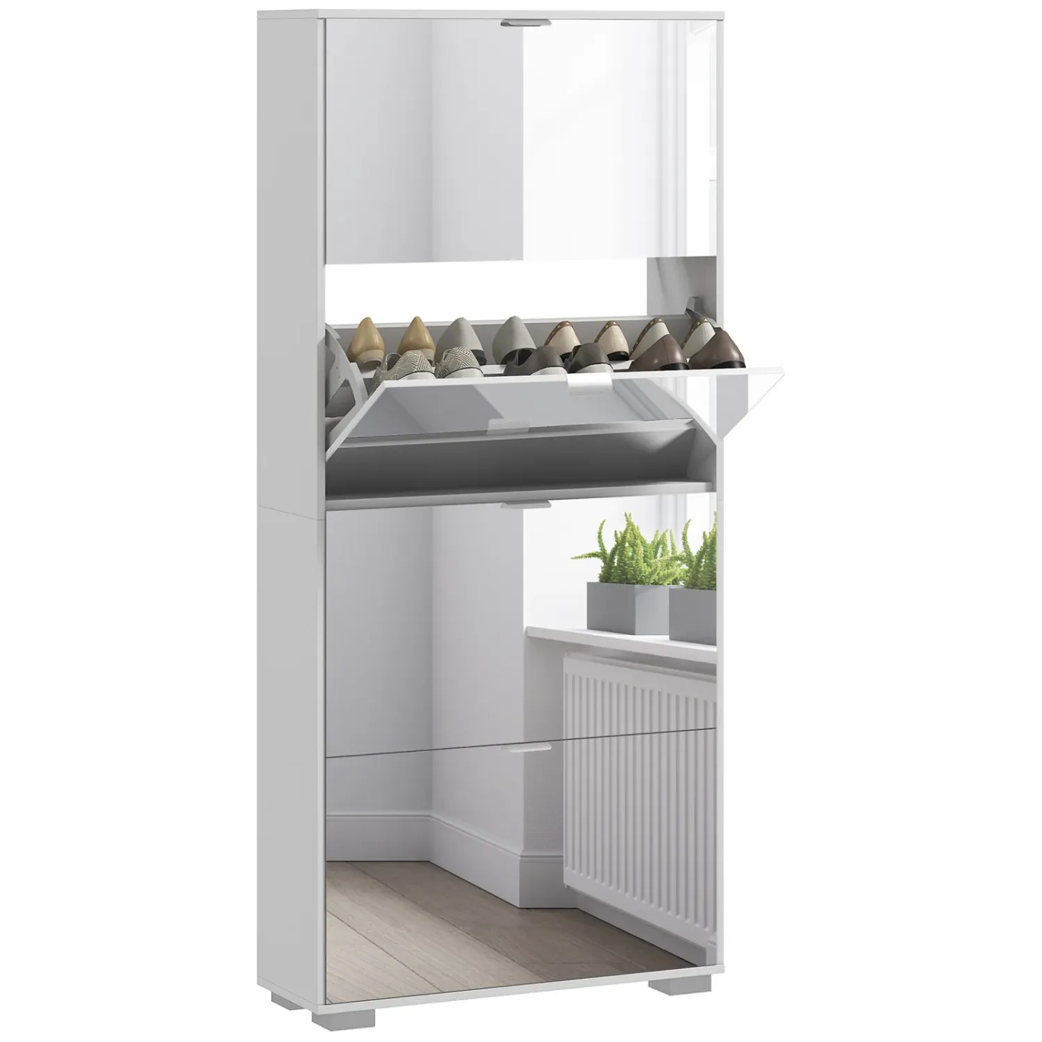 Space-Saving Slim Shoe Rack with Mirror and 4 Drawers for 24 Pairs of Shoes, 76x26x178cm, White