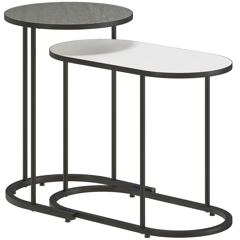 Set of 2 Stackable Coffee Tables with Metal Frame for Living Room and Office, Grey and White