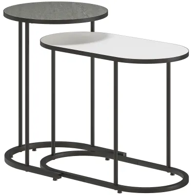 Set of 2 Stackable Coffee Tables with Metal Frame for Living Room and Office, Grey and White