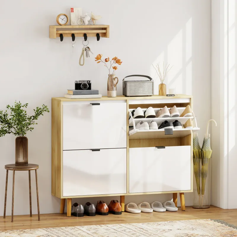 Slim Modern Shoe Rack with 4 Tilting Drawers for 20 Pairs of Shoes, 105x24x92.5 cm, White