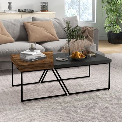 Set of 2 Chipboard and Steel Coffee Tables, Black Table 80x60x42 cm and Brown Table 60x60x46 cm