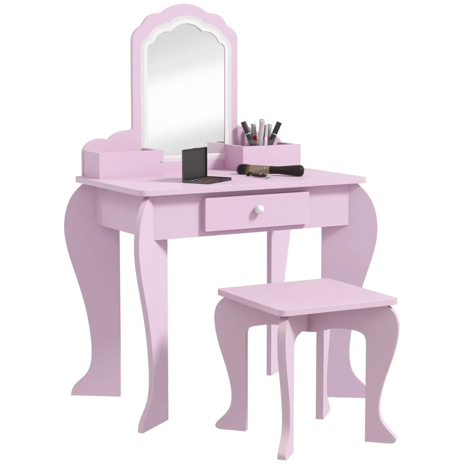 Girls' Dressing Table Set with Makeup Mirror and Matching Wooden Stool, Drawer and Storage, Pink