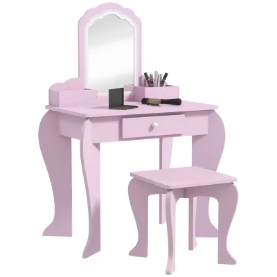 Girls' Dressing Table Set with Makeup Mirror and Matching Wooden Stool, Drawer and Storage, Pink