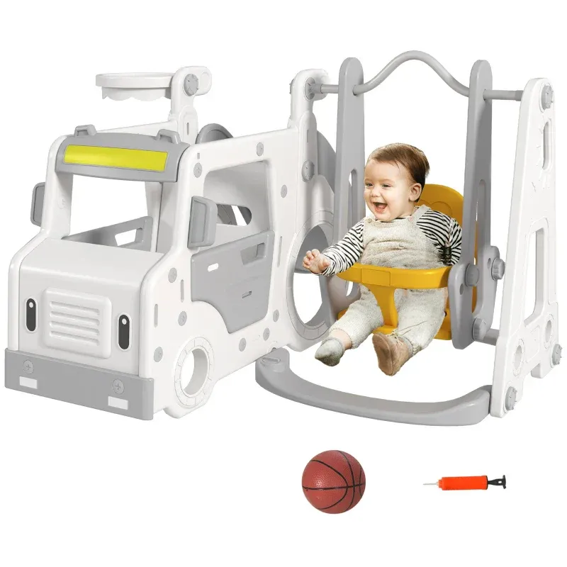 Slide Set for Children 18-48 Months with Swing, Toy Car and Basketball Hoop, 201x151x87.5cm, White