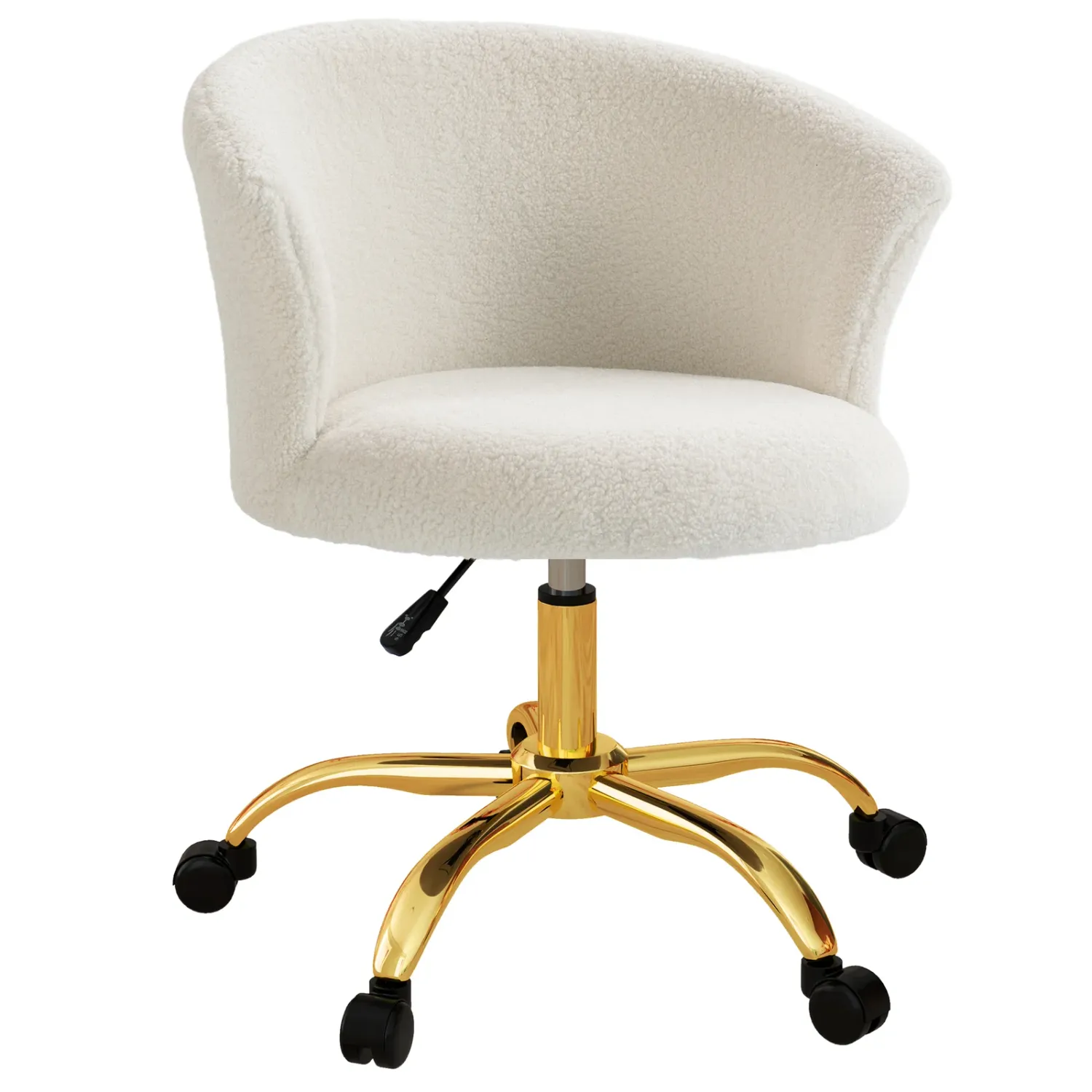 Height-Adjustable Office Chair with Swivel Seat and Teddy Velvet Upholstery, White and Gold