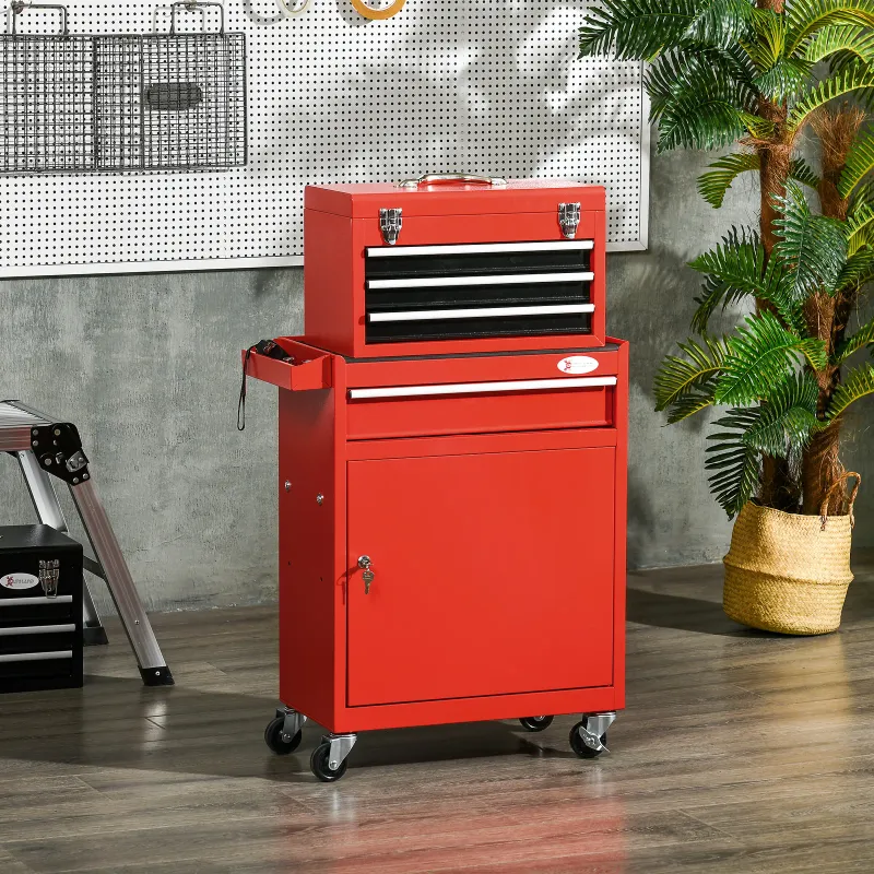 2-in-1 Tool Cart with Removable Toolbox and Lockable Steel Cabinet, Red