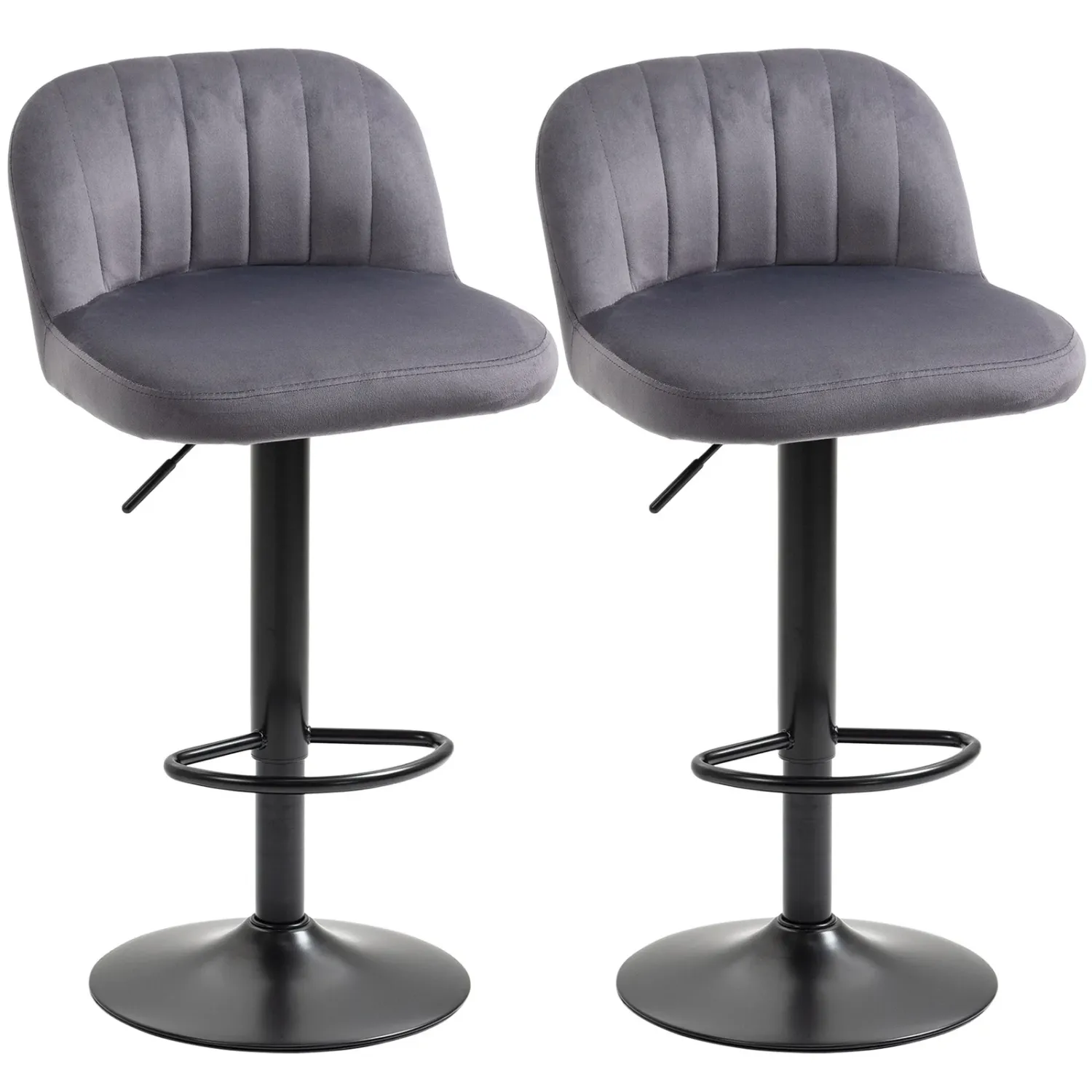 Set of 2 Bar Stools with Backrest and Footrest, Swivel with Adjustable Height, Grey