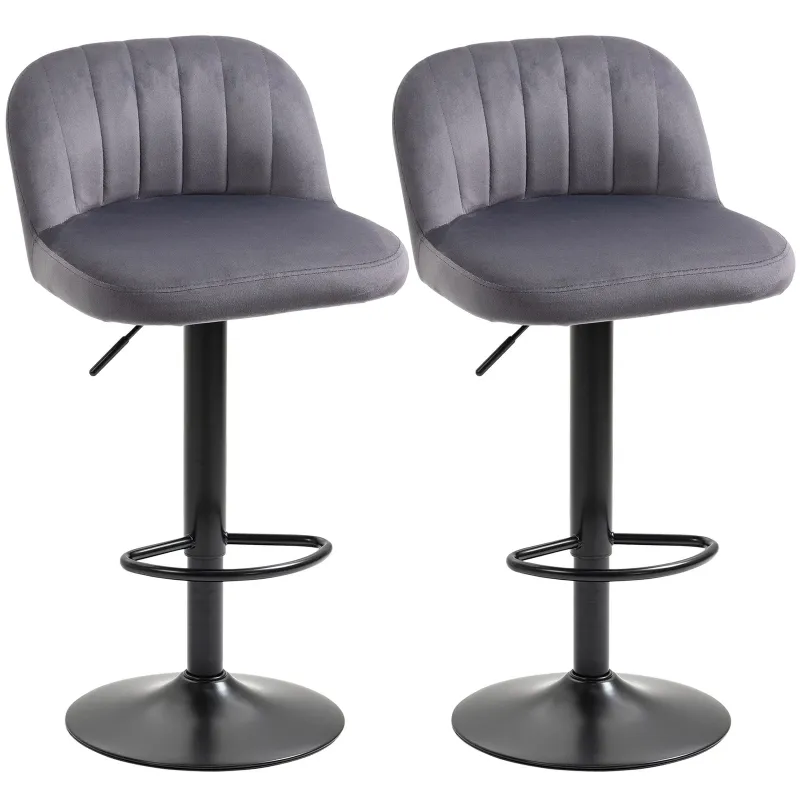 Set of 2 Bar Stools with Backrest and Footrest, Swivel with Adjustable Height, Grey