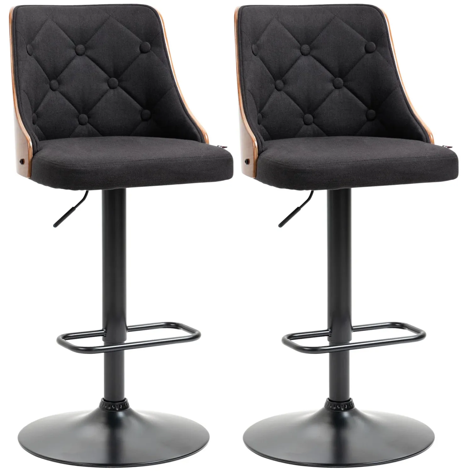VENERA | Set of 2 Swivel Bar Stools with Adjustable Height for Kitchen and Living Room, 47.5x50x93.5-116 cm, Black and Walnut