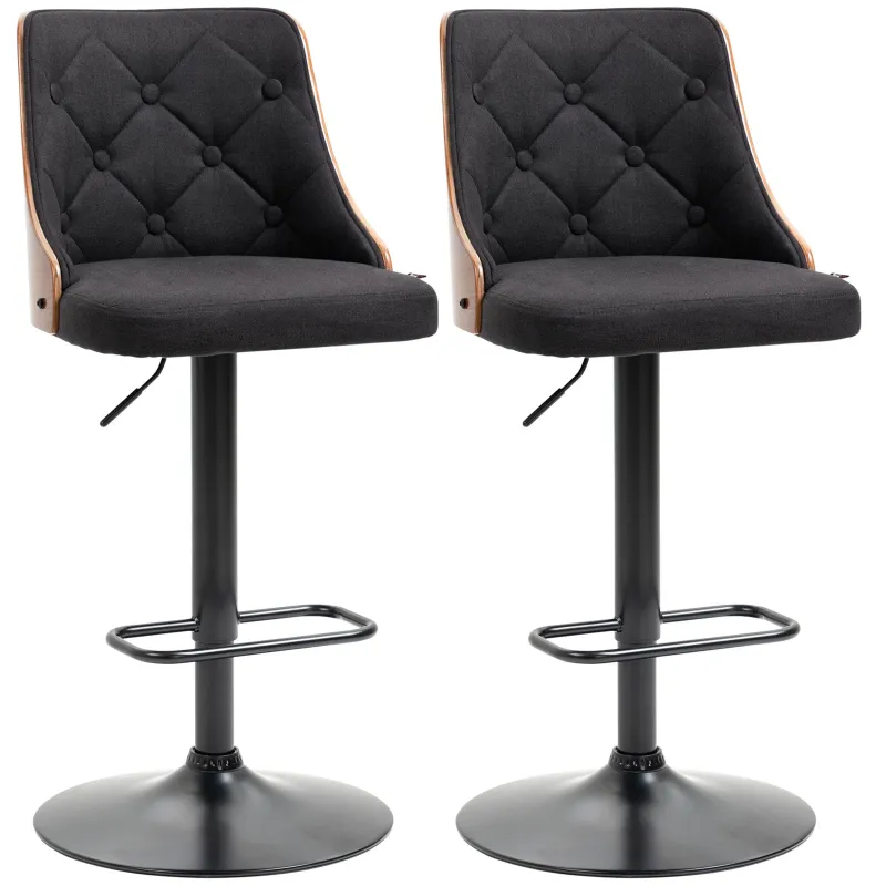 VENERA | Set of 2 Swivel Bar Stools with Adjustable Height for Kitchen and Living Room, 47.5x50x93.5-116 cm, Black and Walnut