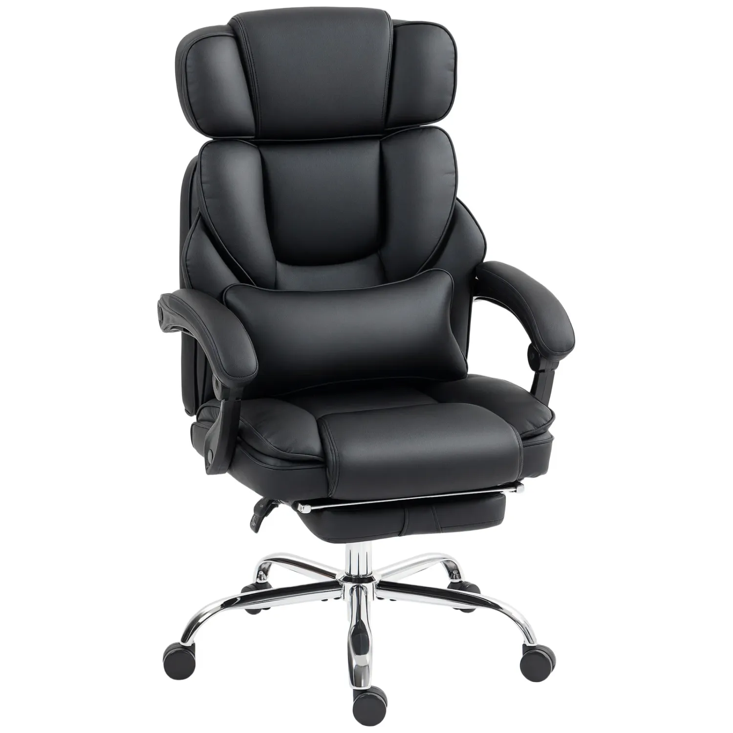 PU Leather Office Chair with Footrest, Adjustable Headrest and Lumbar Support, Black