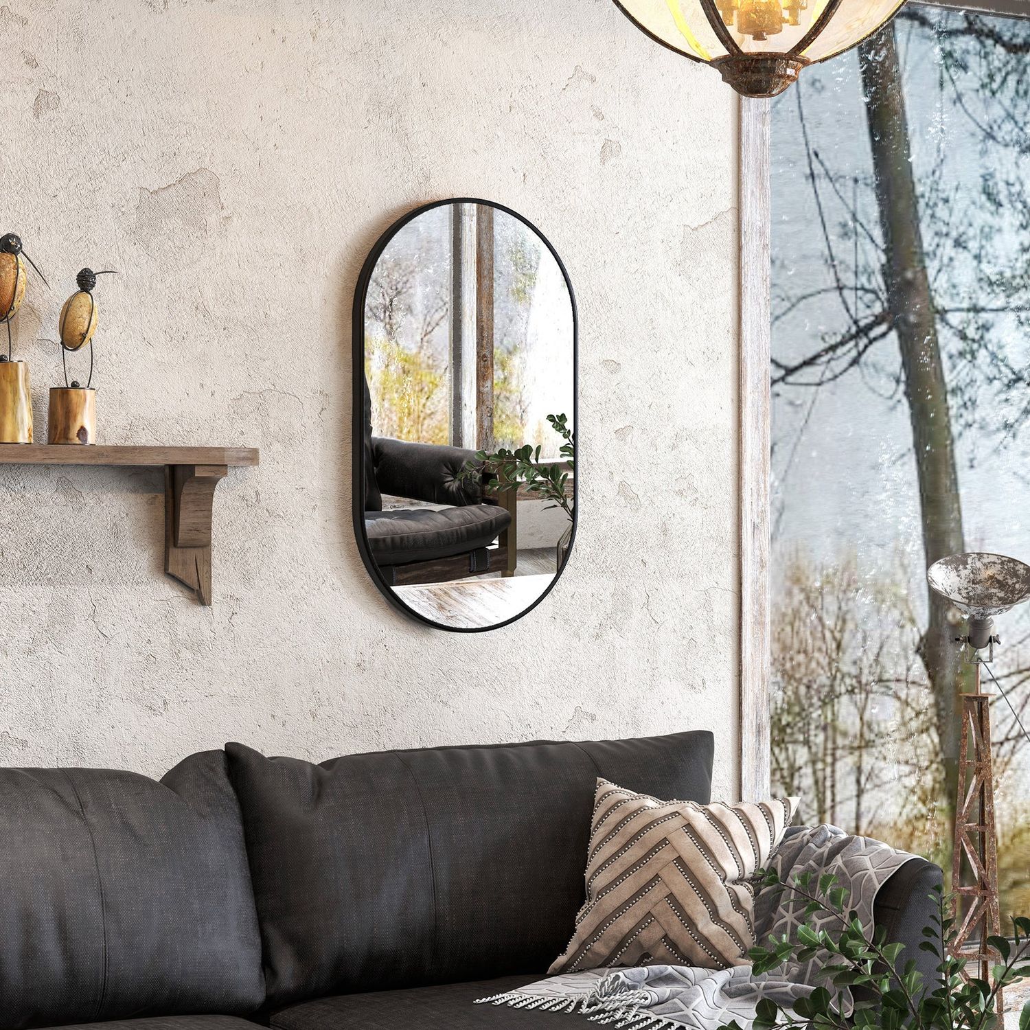 Oval Wall Mounted Bathroom Mirror with Aluminum Frame, Vertical or Horizontal, 60x90cm, Black