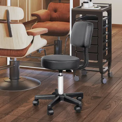 Swivel Stool with Backrest, Height-Adjustable Faux Leather Living Room Chair, Black