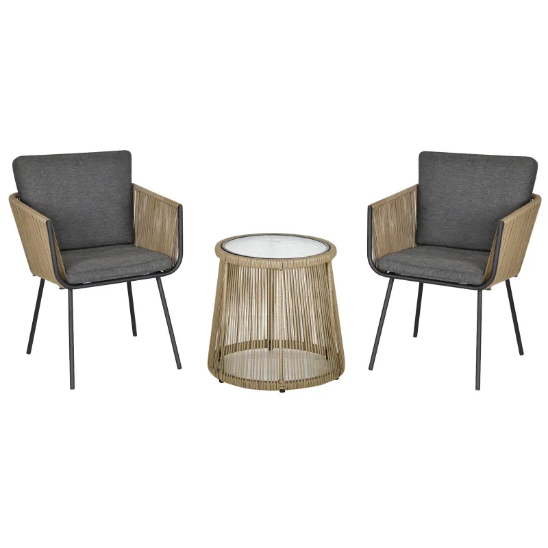 Set of 2 Outdoor Chairs with Table in PE Rattan Boho Style, Khaki and Grey