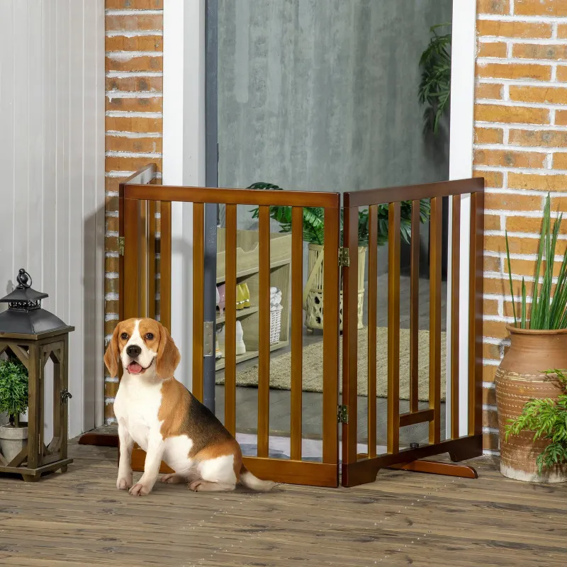 3 Panel Folding Dog Gate with Non-Slip Feet for Hallways, Stairs and Rooms, Pine Wood, 181x35x76 cm, Dark Brown