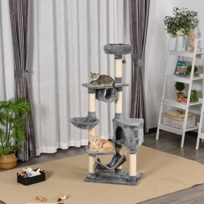 Cat Tree for cats with Scratch Pole, hammock, suspended beds and poles in sisal rope, Grey, 60x40x154cm