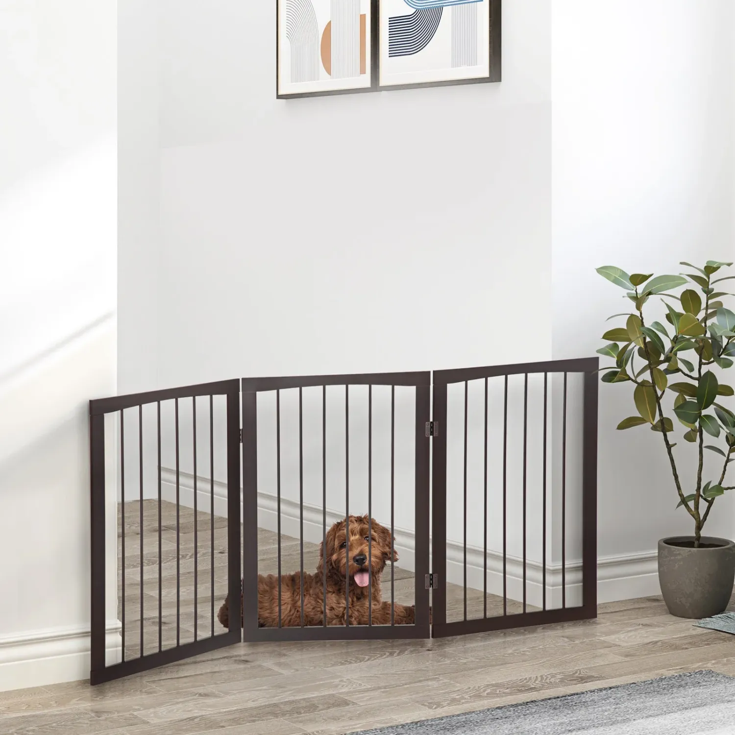 Portable 3 Section Dog Gate Pet Gate Foldable Safety Divider, 160x1.2x76cm, Brown