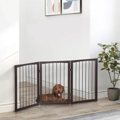 Portable 3 Section Dog Gate Pet Gate Foldable Safety Divider, 160x1.2x76cm, Brown