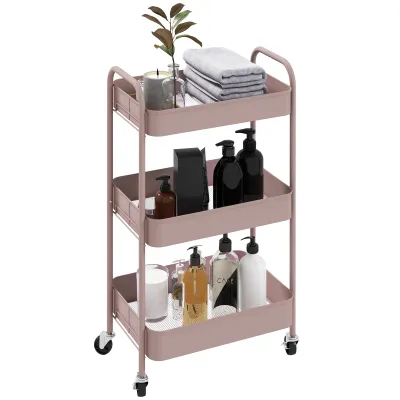 3-Tier Beauty Cart with Handles and 4 Wheels, Steel, 45x30.6x79 cm, Pink