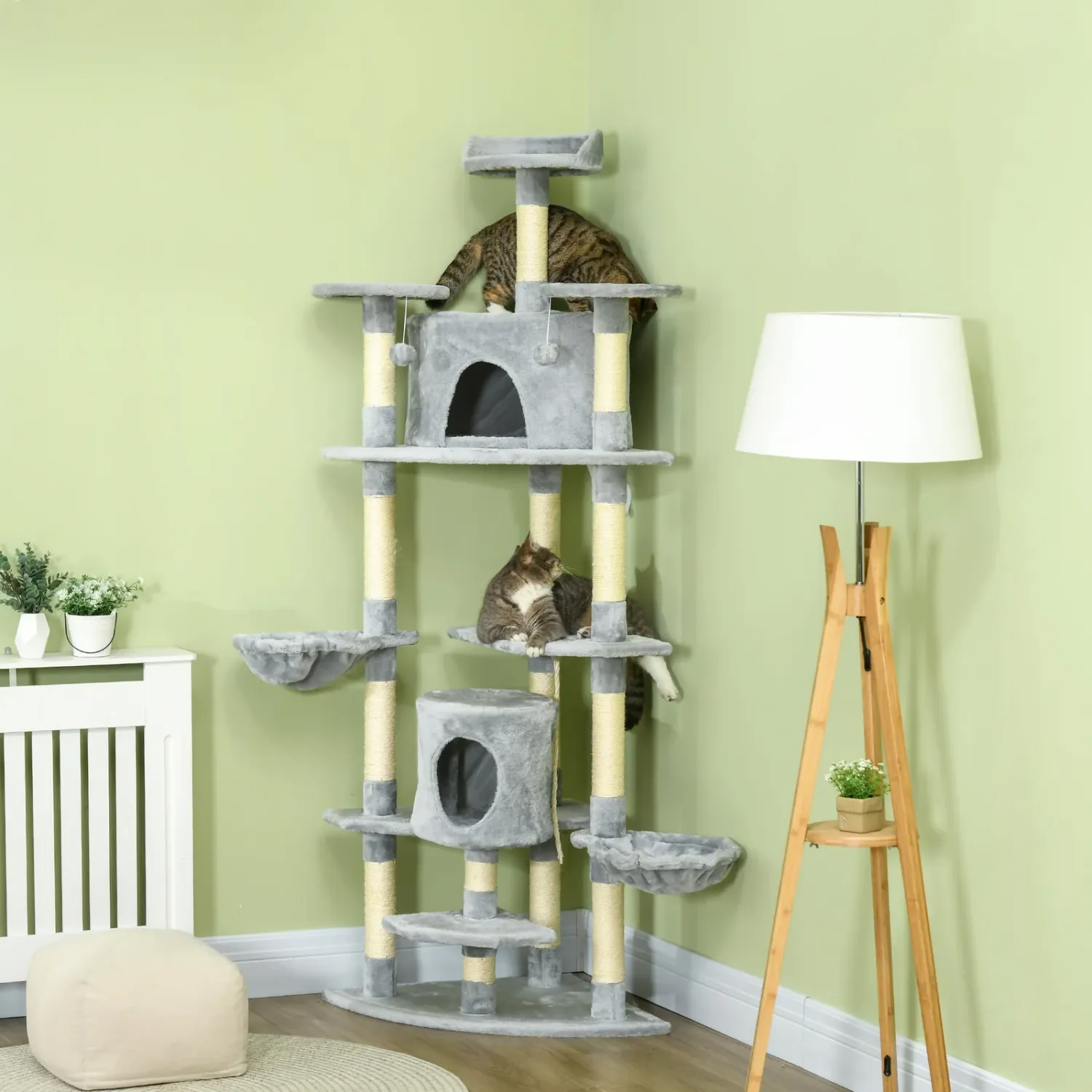 Cat Tree for cats with Scratch Pole, with houses and hammocks, 60x60x200cm, light Grey