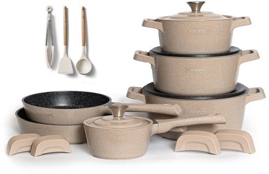 14pcs, Cookware set , Cast Aluminum, Dishwasher-safe, Induction-ready, Beige, 3 Year Warranty ROYALTYLINE OS1014-BG