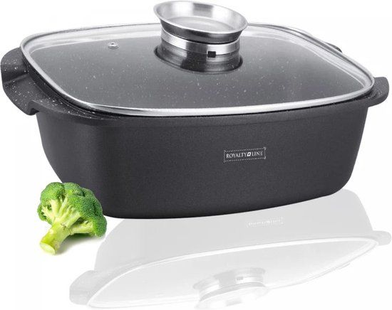 34cm Marble-Coated Cast Aluminium Roasting Casserole with Glass Lid, 6.5L – Royalty Line ACR34M