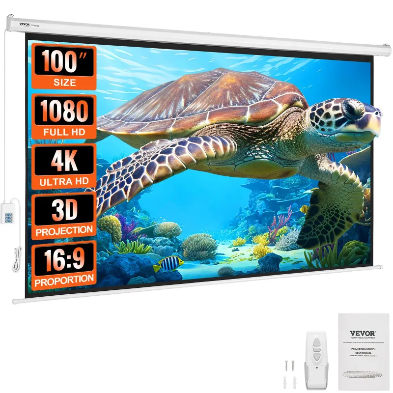 100" Motorised Electric Projector Screen, 16:9, 4K/1080p HD Ready with Remote Control