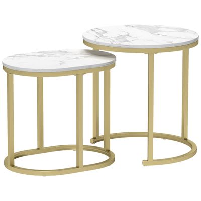Set of 2 Coffee Tables with Marble Effect Top, in Wood and Steel, Ø50x50.5 cm and 60x36x43.5 cm, Wh…