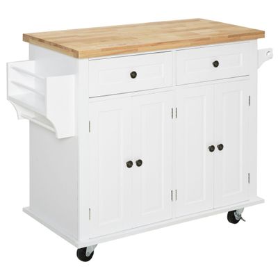 Kitchen Trolley with 2 Drawers and 2 Cabinets, Kitchen Island with Wooden Top, Spice Rack and Tea T…