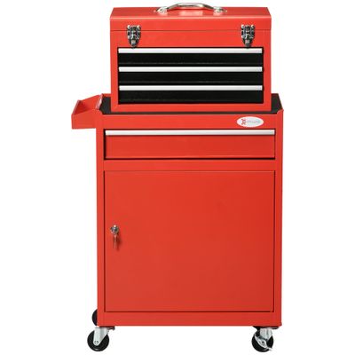 2-in-1 Tool Cart with Removable Toolbox and Lockable Steel Cabinet, Red