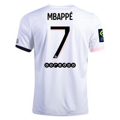 PSG Away White Mbappe #7 Ligue 1 Jersey PSG Away White Mbappe #7 Ligue 1 Jersey