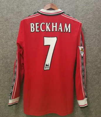 Retro Manchester United Home Long Sleeve Retro Jersey Beckham #7 Print(Replica) 1998-2000