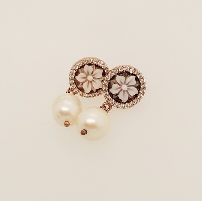 orecchini con cammei, argento rosato, zirconi e perle naturali