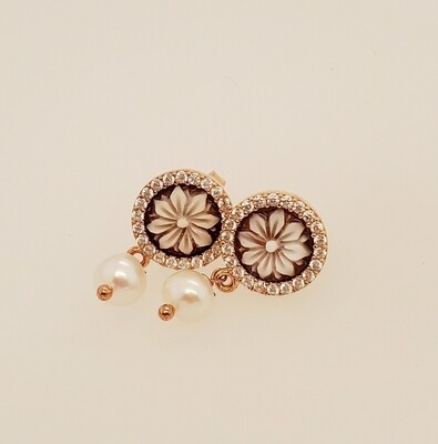 orecchini con cammei, argento rosato, zirconi e perle naturali