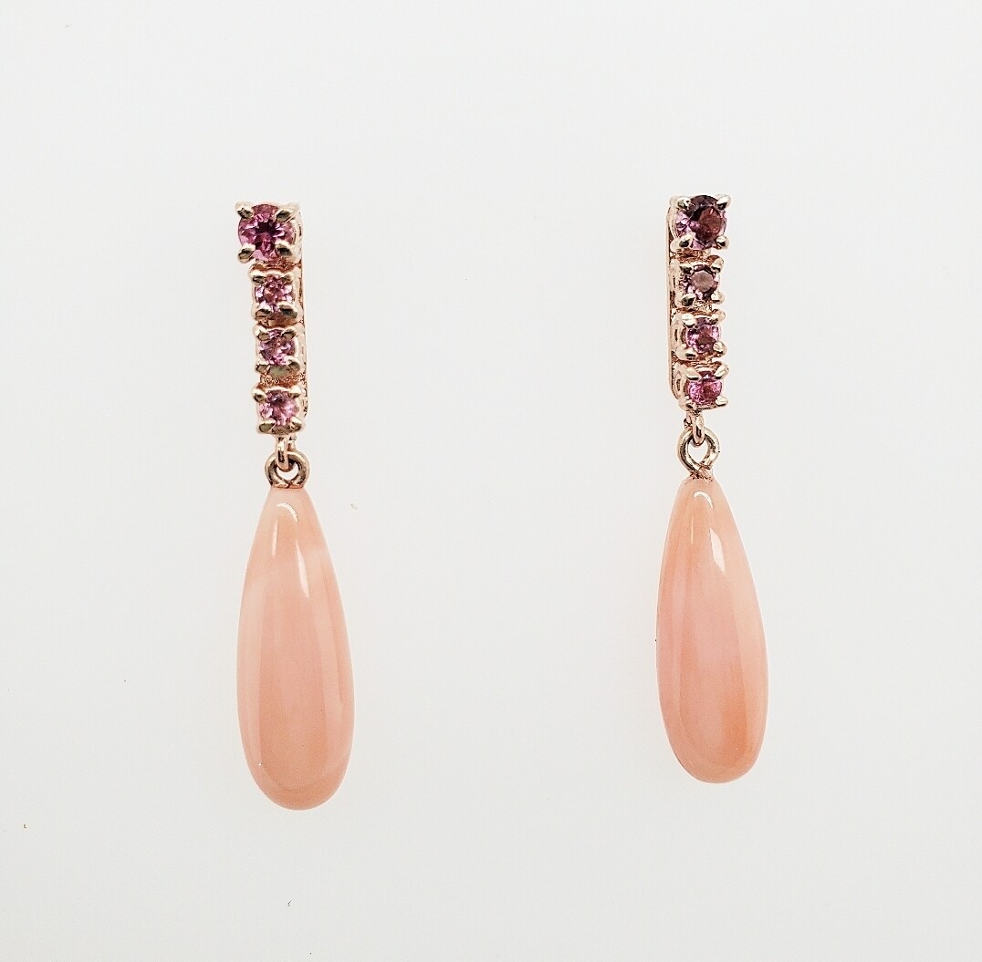 orecchino di corallo rosa, argento rosato e tormaline