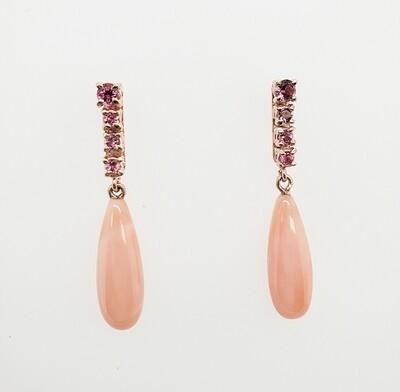 orecchino di corallo rosa, argento rosato e tormaline