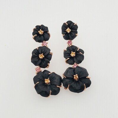 orecchini con fiori di ebano, citrino e tormaline. Argento925 rosa