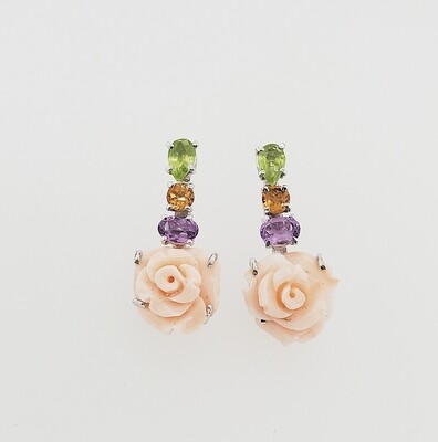 orecchini con rose di corallo rosa, peridoti citrini e ametiste. Argento925